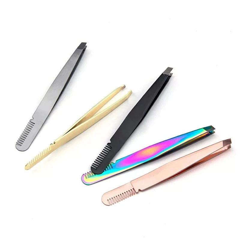 Wholesale Custom Stainless Steel Makeup Tools Private Label Black Eyebrow Tweezers Comb Eyebrow Clip